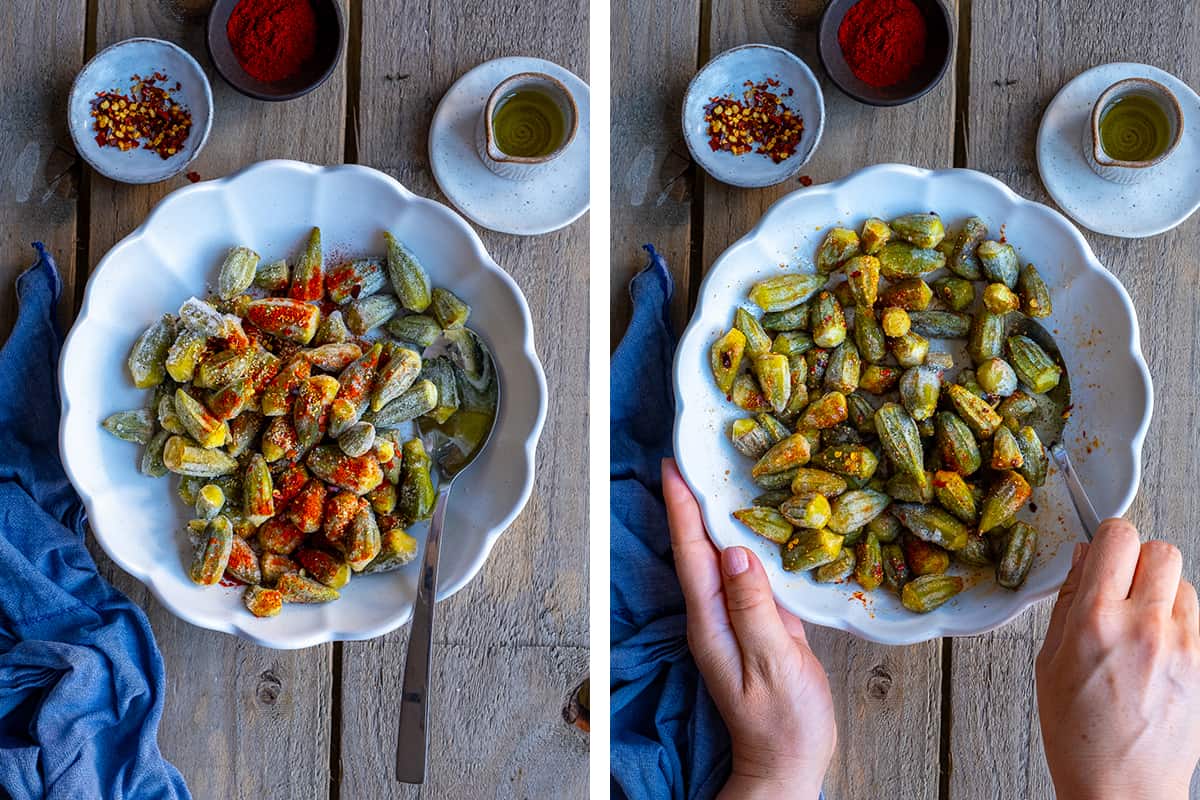 A collage of two pictures showing spices on frozen okra in a bowl and hands stirring it with a spoon.
