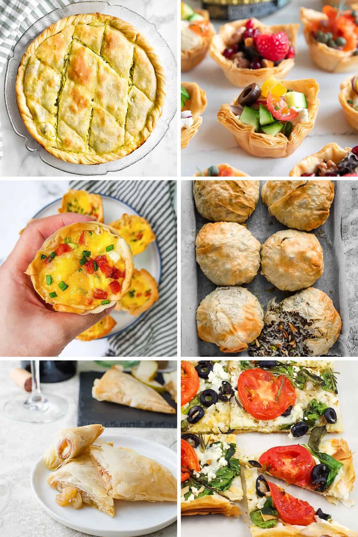 A collage of 6 pictures showing zucchini pie, hummus filo cups, breakfast quiche, filo wrapped rice, brie parcels and phyllo pizza.