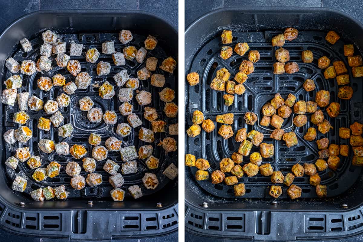 A collage of two pictures showing okra slices in the air fryer basket before and after they are cooked.