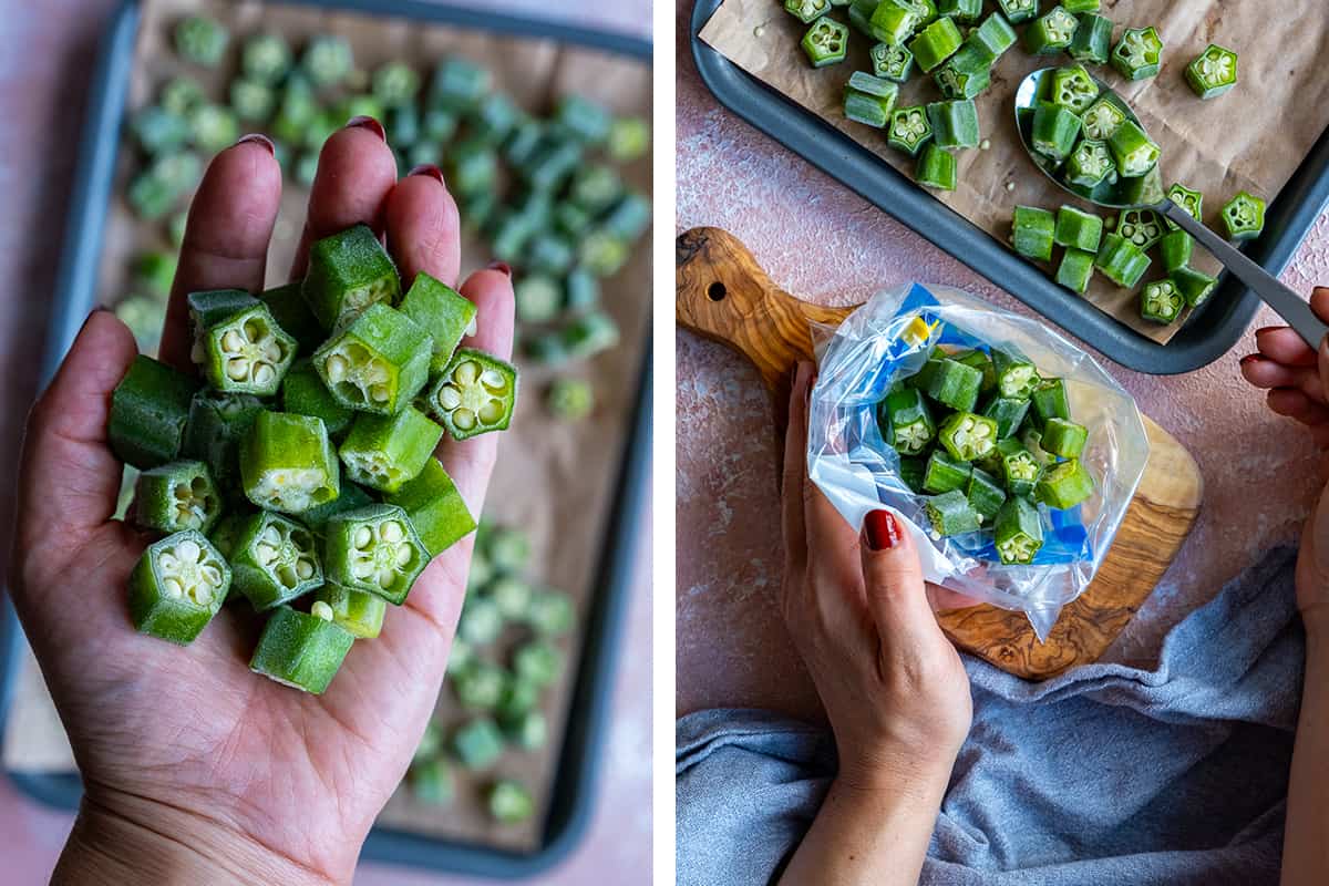 A collage of two pictures showing sliced okra in a hand and frozen okra being filled in a freezer bag.