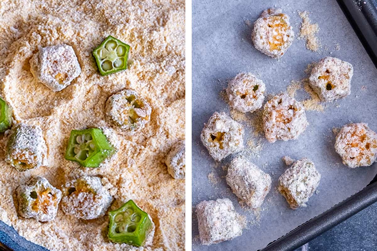 A collage of two pictures showing how to bread sliced okra.