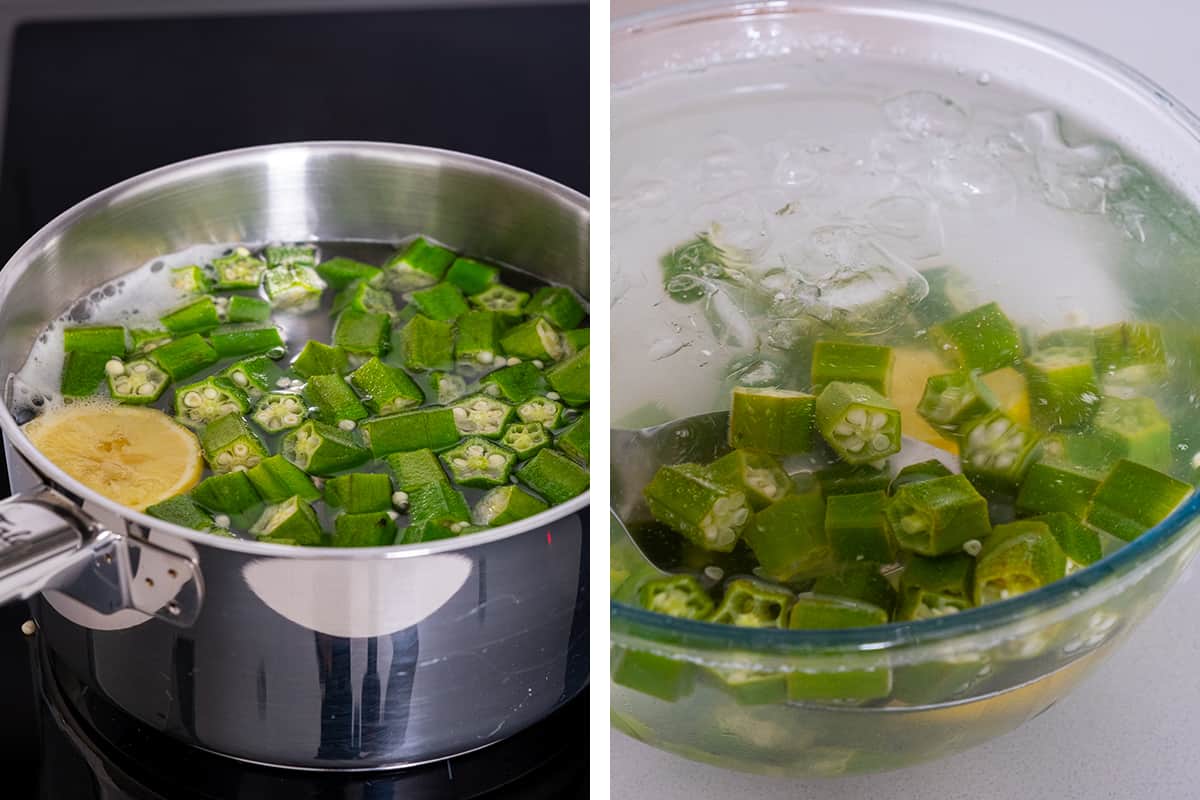 A collage of two pictures showing okra being blanched in a pan and okra in an ice bath.