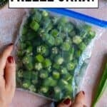 A person holds a freezer bag filled with sliced okra. The text above reads "How to Freeze Okra?" and the website "giverecipe.com" is displayed at the bottom.