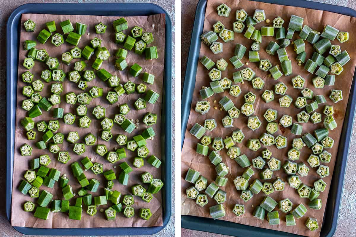 A collage of two pictures showing sliced okra on a baking sheet before and after freezing.