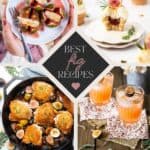 A collage of four pictures showing figs with goat cheese, fig cupcakes, fig and chicken dinner and a cocktail with figs.