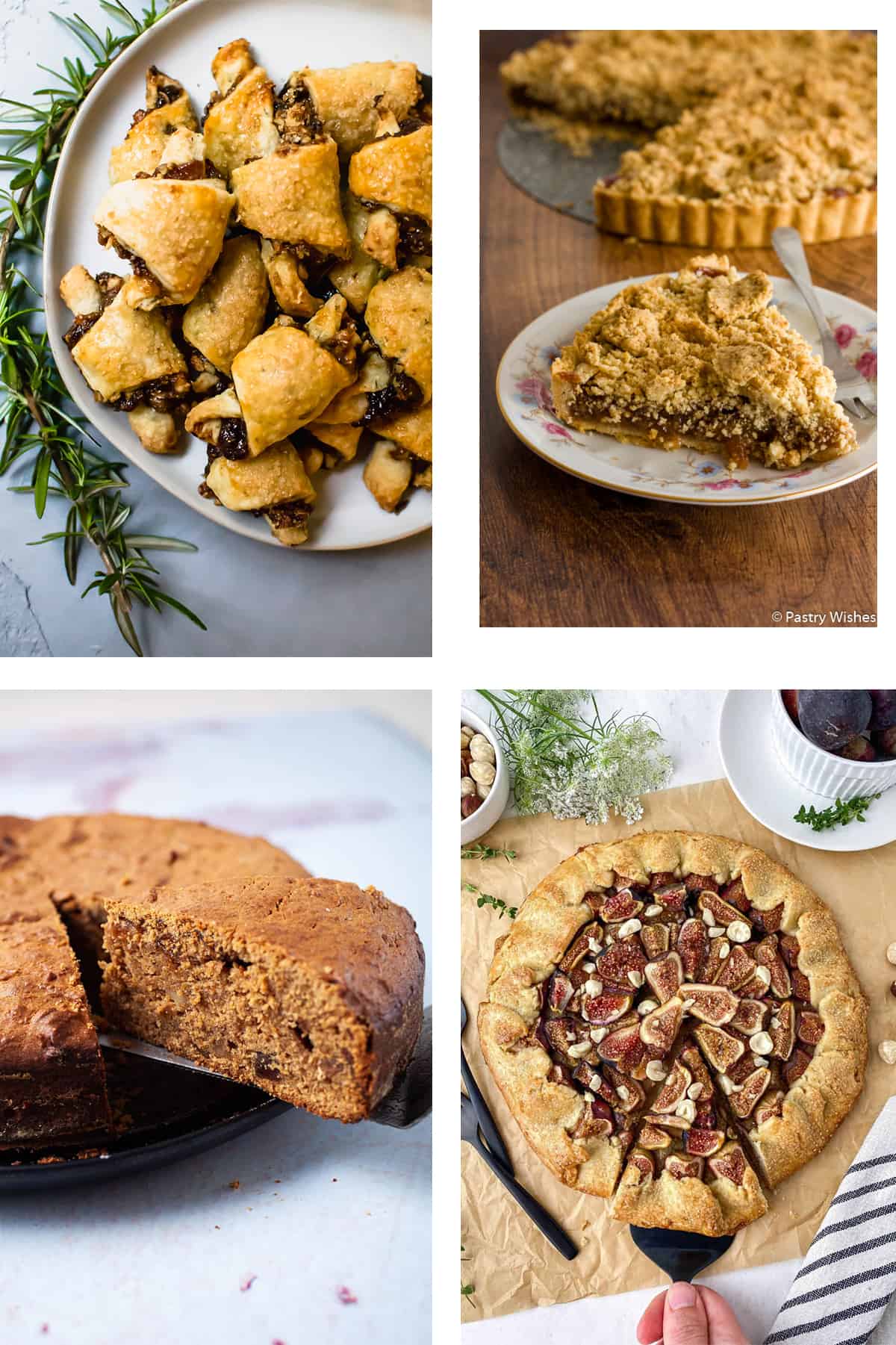 A collage of four pictures showing rugelach, crumble tart, fig and walnut cake and fig galette.