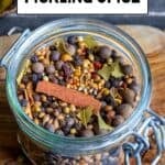 Whole spices like coriander seeds, mustard seeds, allspice berries, cloves, black peppercorns, cinnamon sticks, crushed bay leaves and red pepper flakes combined in a glass jar and pickled okra behind it.