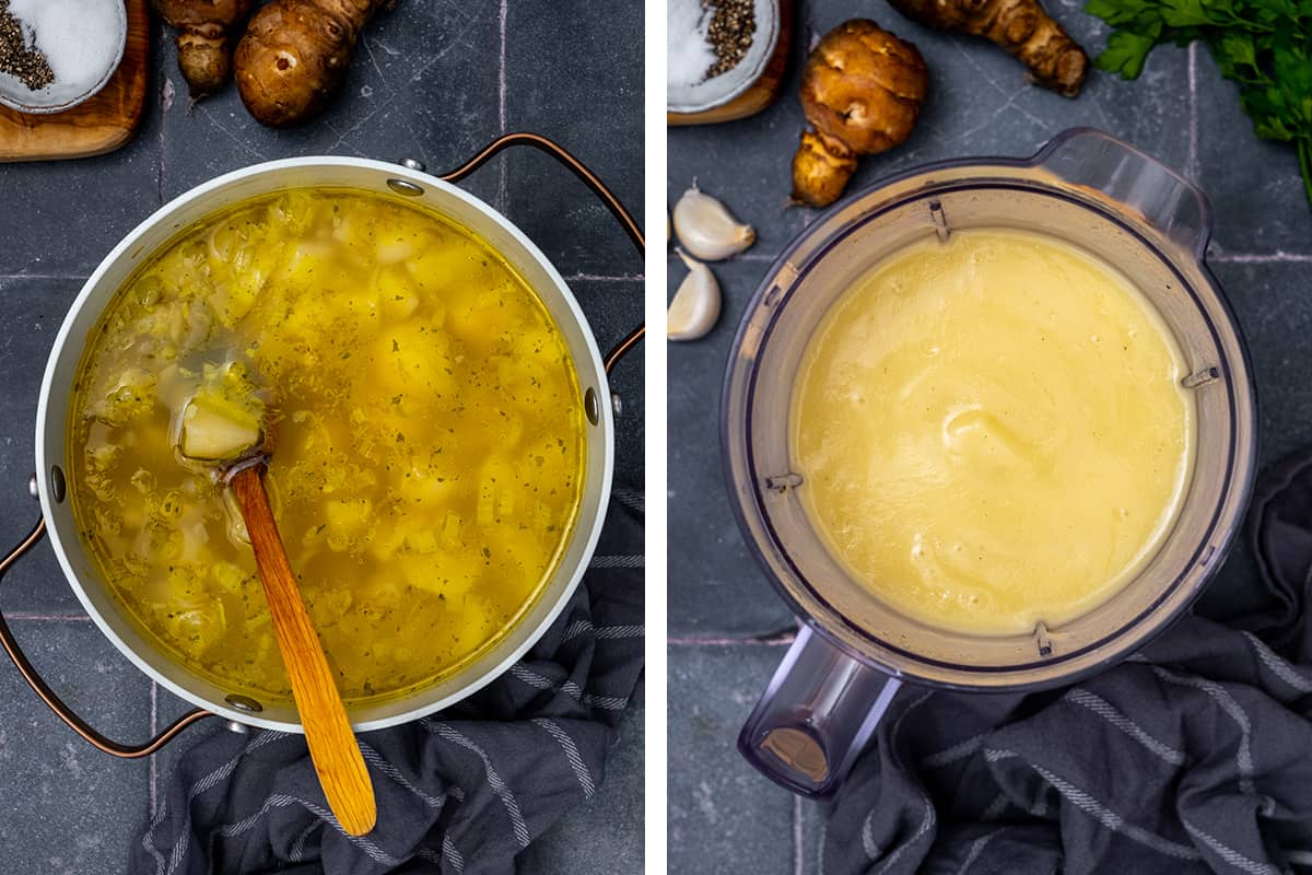 A collage of two pictures showing Jerusalem artichoke in a pot before being blended and in a jug after being blended.