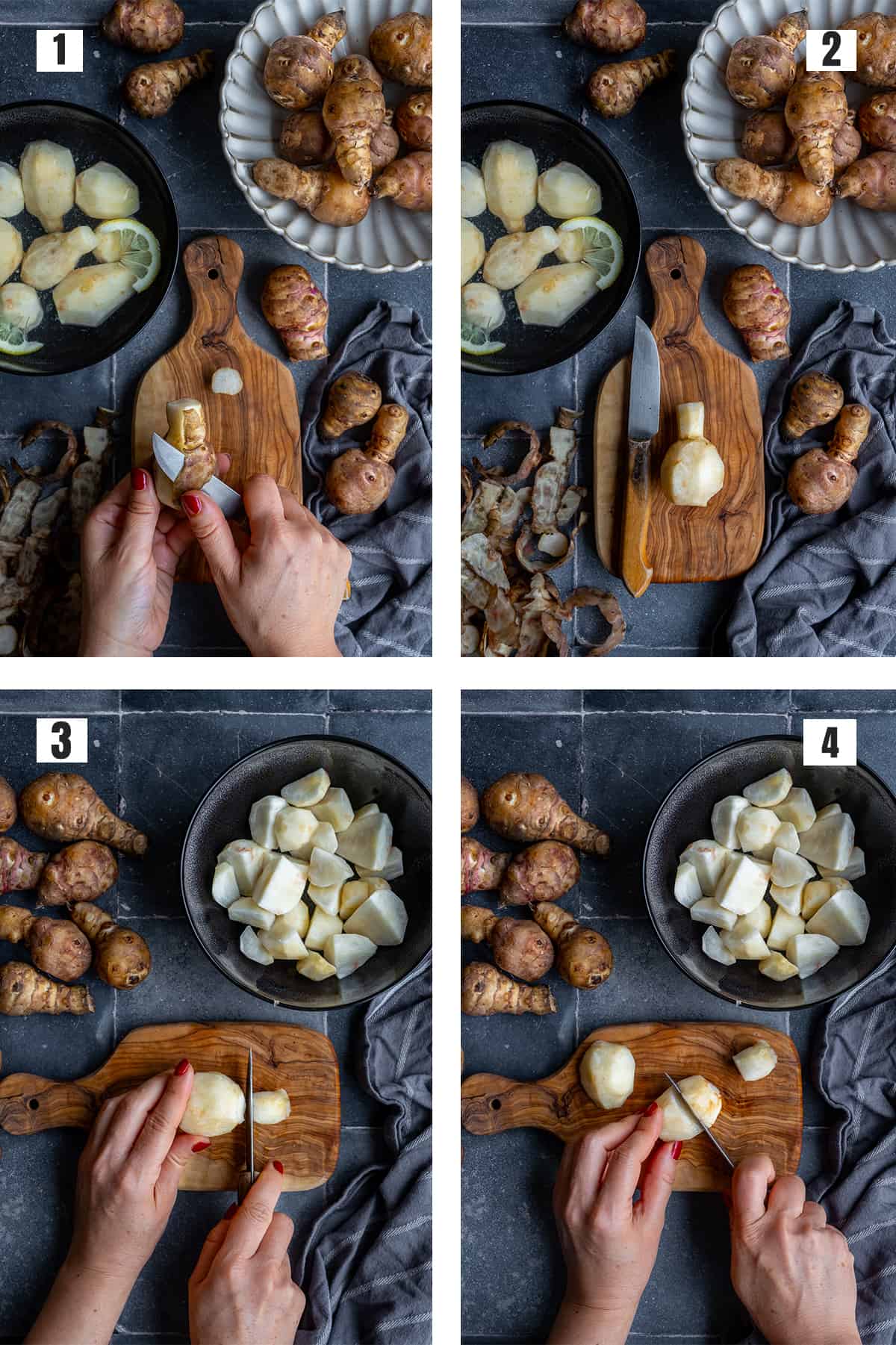 A collage of four pictures showing how to peel and chop Jerusalem artichokes.