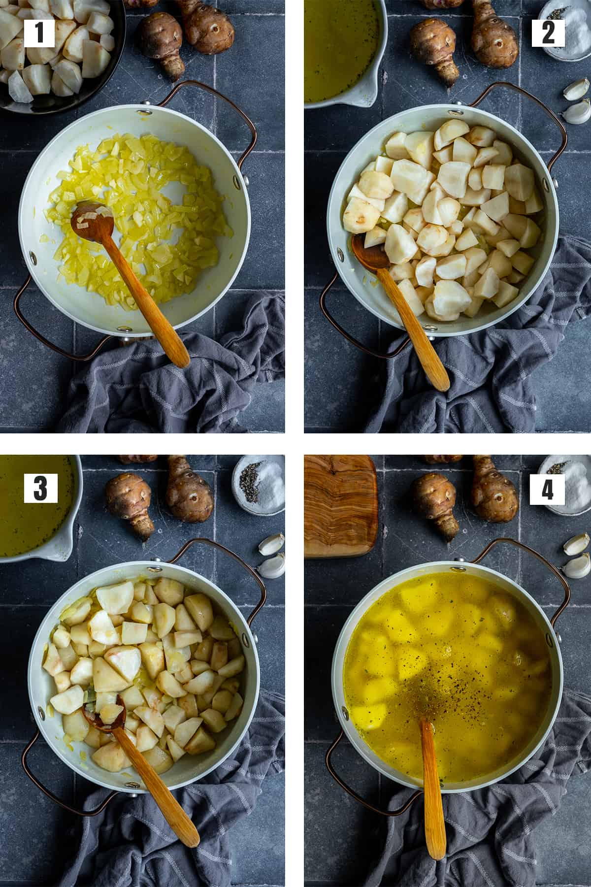 A collage of four pictures showing the steps of making Jerusalem artichoke soup.