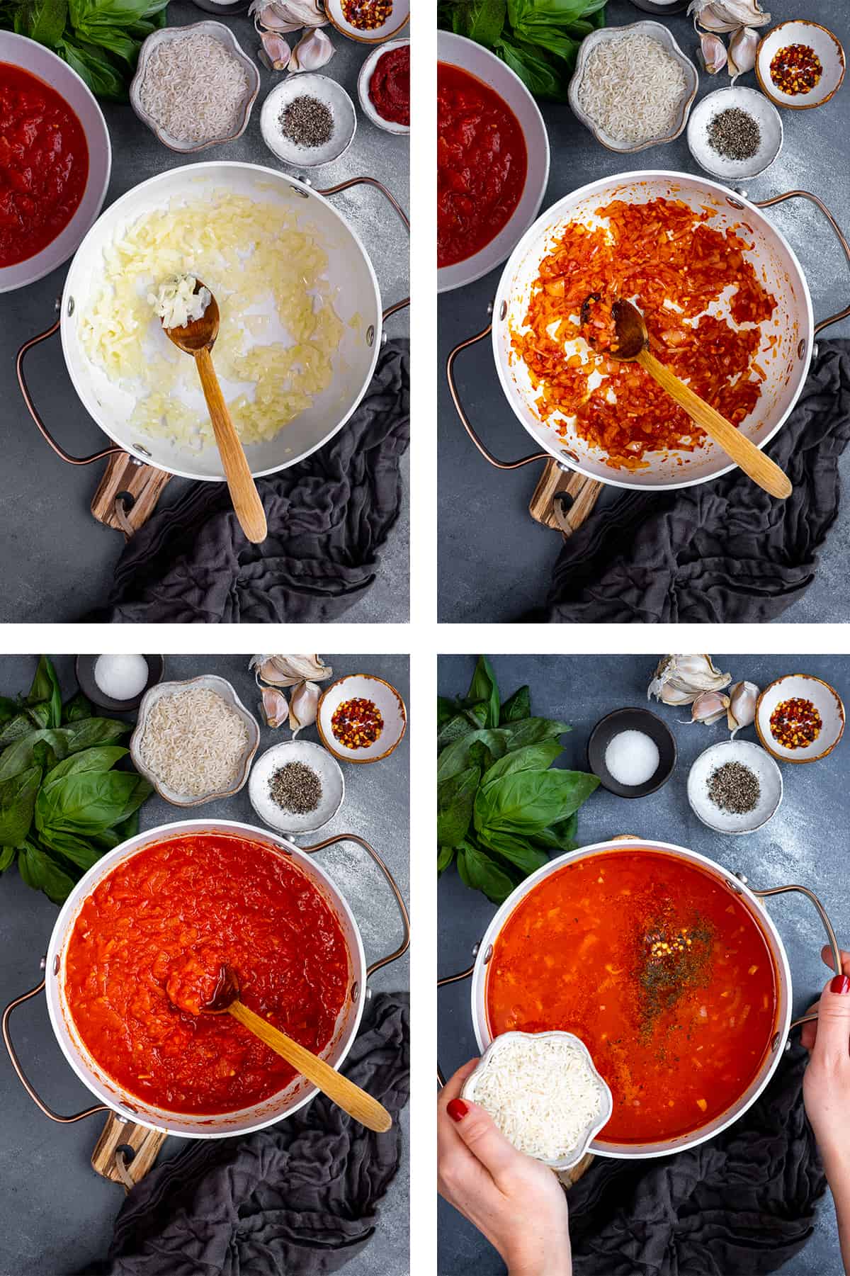 A collage of four pictures showing the steps of cooking onions, adding tomato paste, adding chopped tomatoes and adding rice into the pot.