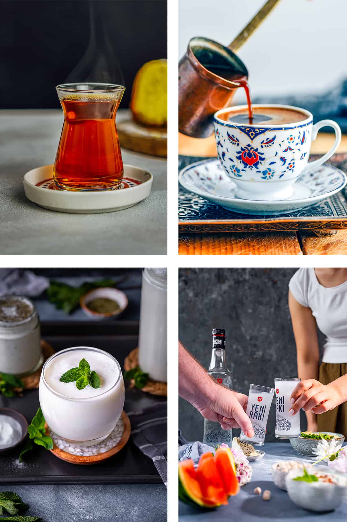 A collage of four pictures showing Turkish tea, Turkish coffee, ayran, raki.