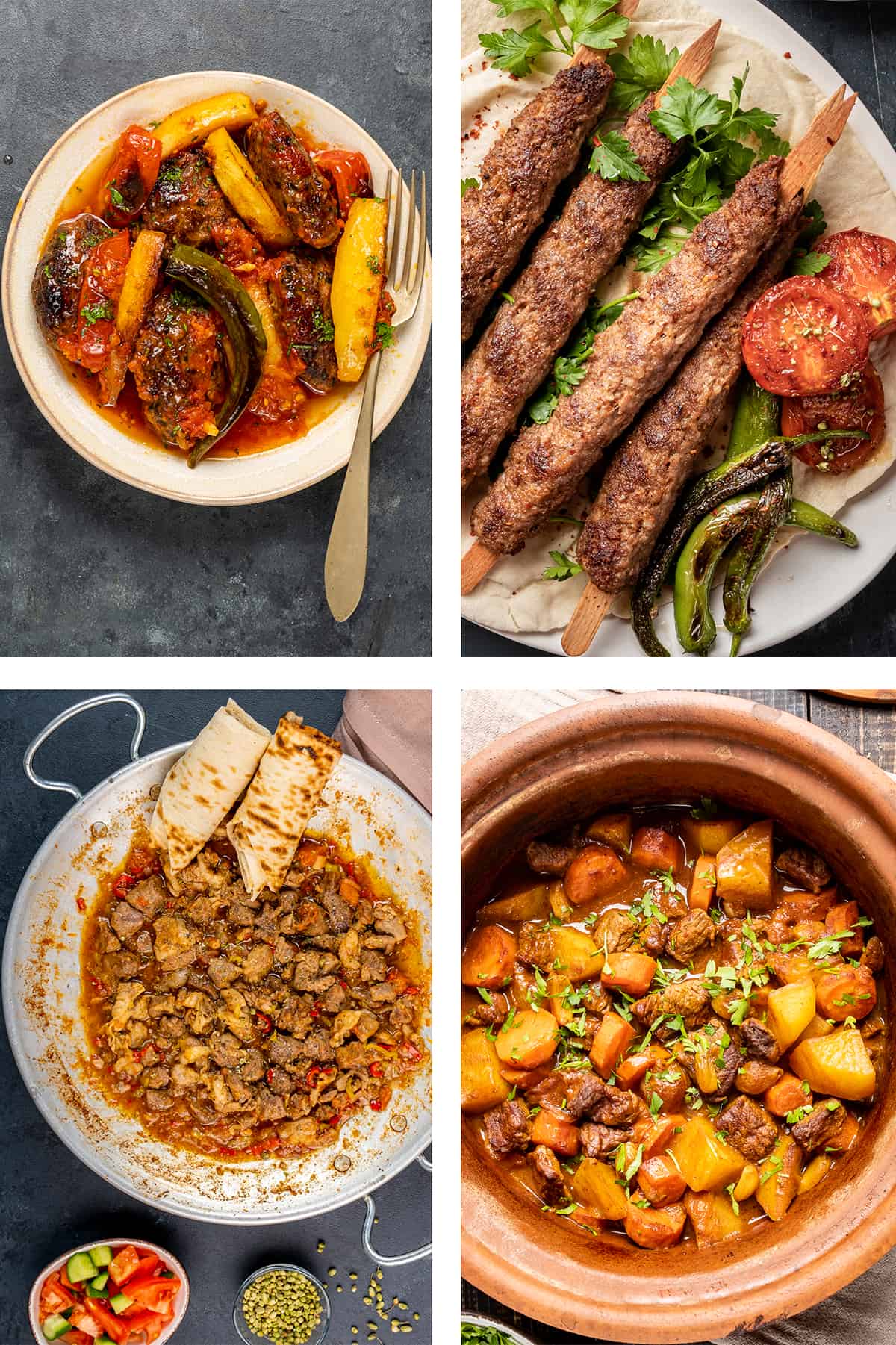 A collage of four pictures showing Izmir kofte, Adana kebap, sac kavurma and Turkish beef stew.