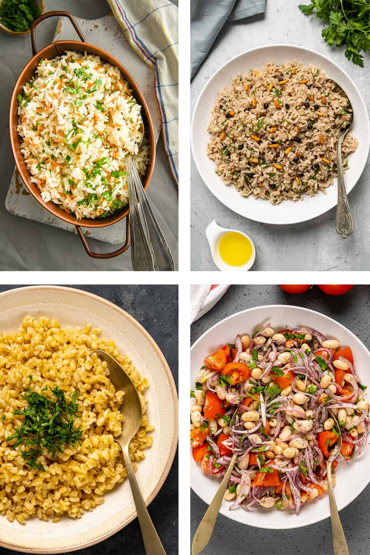 A collage of four pictures showing Turkish rice pilav, ic pilav, bulgur pilav, piyaz.