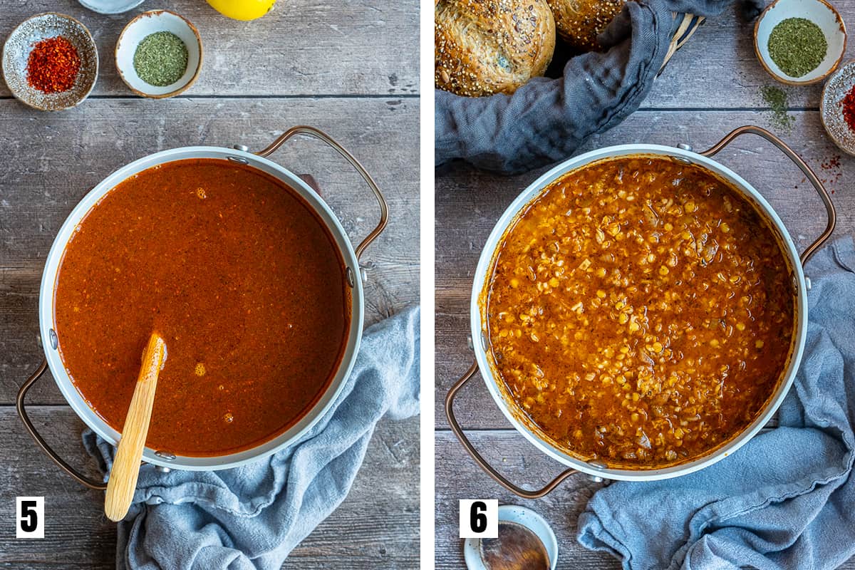 A collage of two pictures showing Ezogelin soup in a pot before it is cooked and after it is cooked.