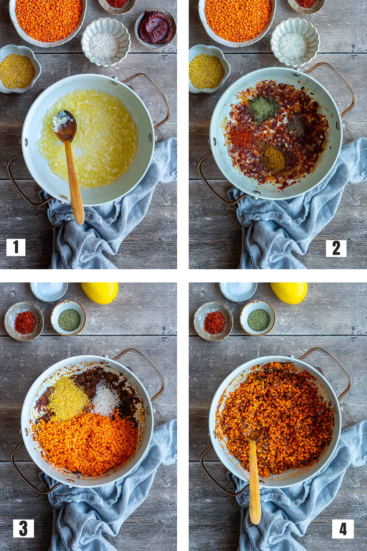 A collage of four pictures showing the steps of making Ezogelin soup.