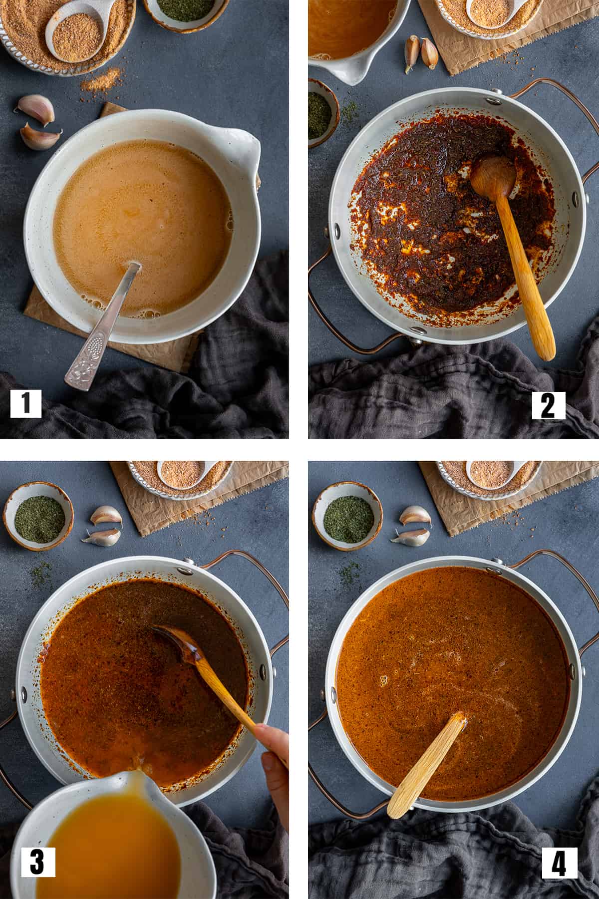 A collage of four pictures showing how to cook tarhana soup in a pot.