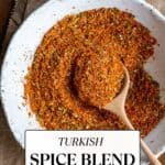 Spice mix in a white bowl and a wooden spoon inside it.