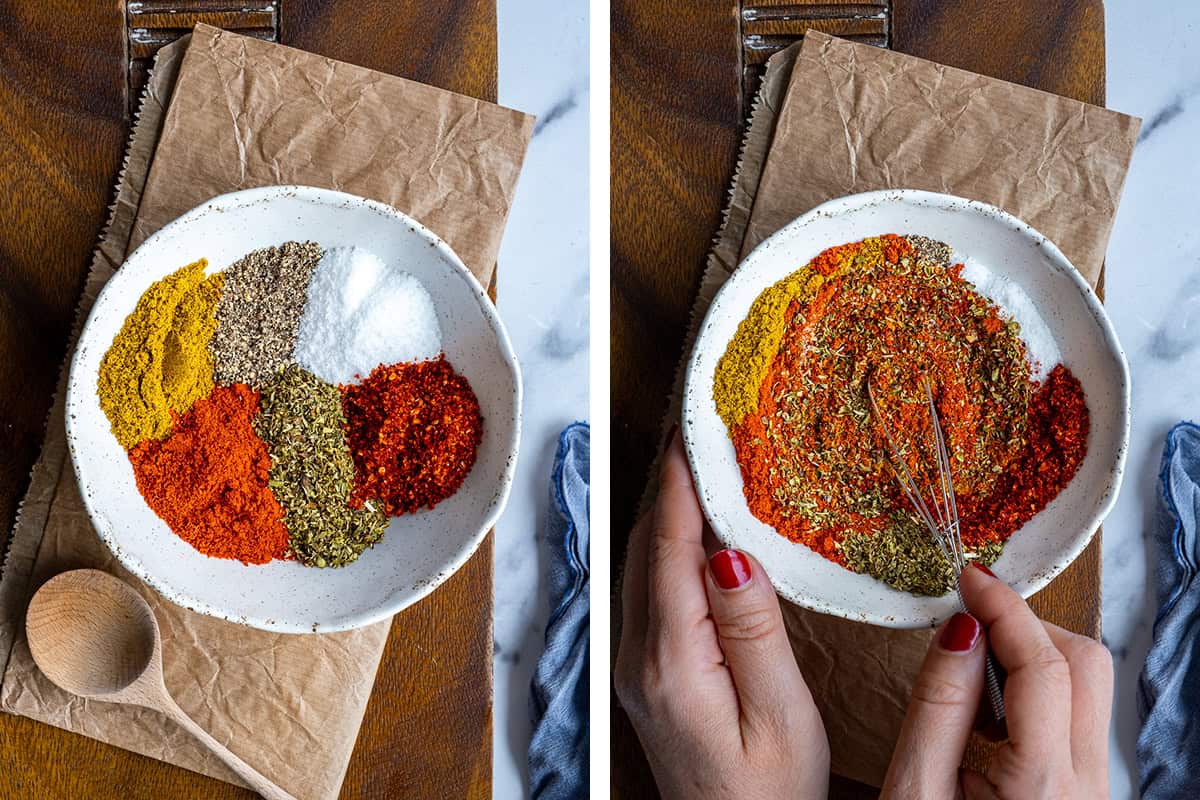 A collage with two pictures showing the spices in a white bowl before whisked and being whisked.