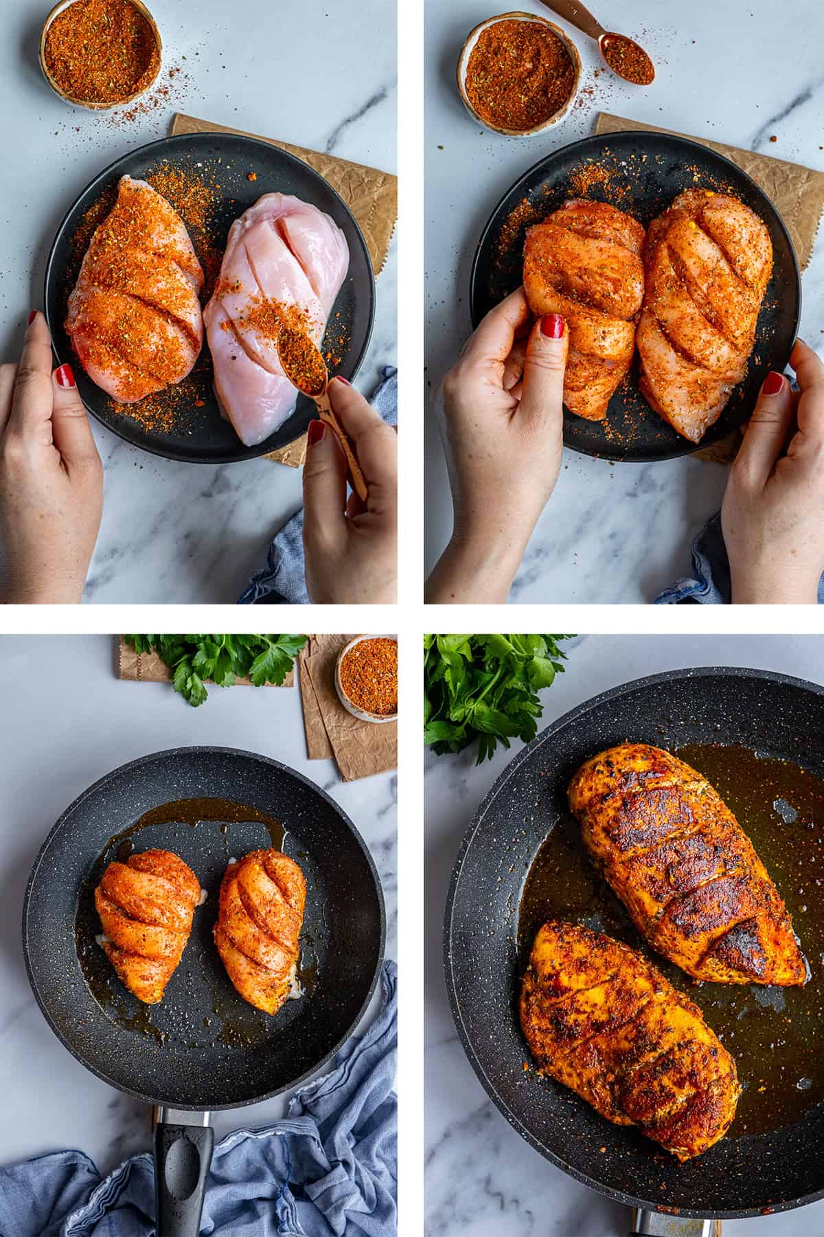 A collage of four pictures showing the steps of seasoning and cooking chicken breasts in a pan.