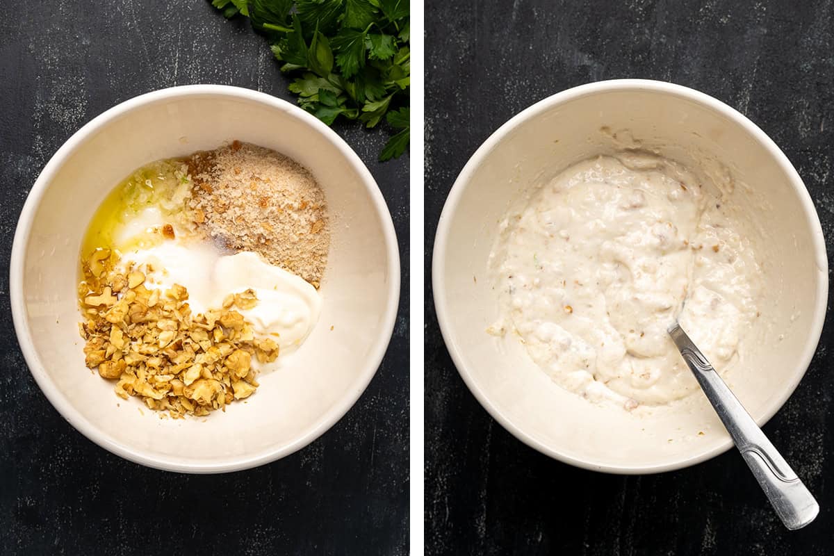 A collage of two pictures showing the ingredients of tarator sauce being combined in a bowl.