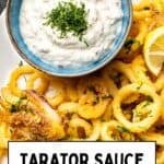 Tarator sauce served in a bowl as a condiment on the side of fried calamari.
