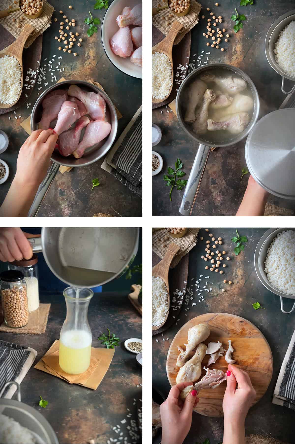 Step-by-step process of preparing Tavuklu Pilav: placing chicken drumsticks in a pot, boiling them, straining the broth, and shredding the cooked chicken.