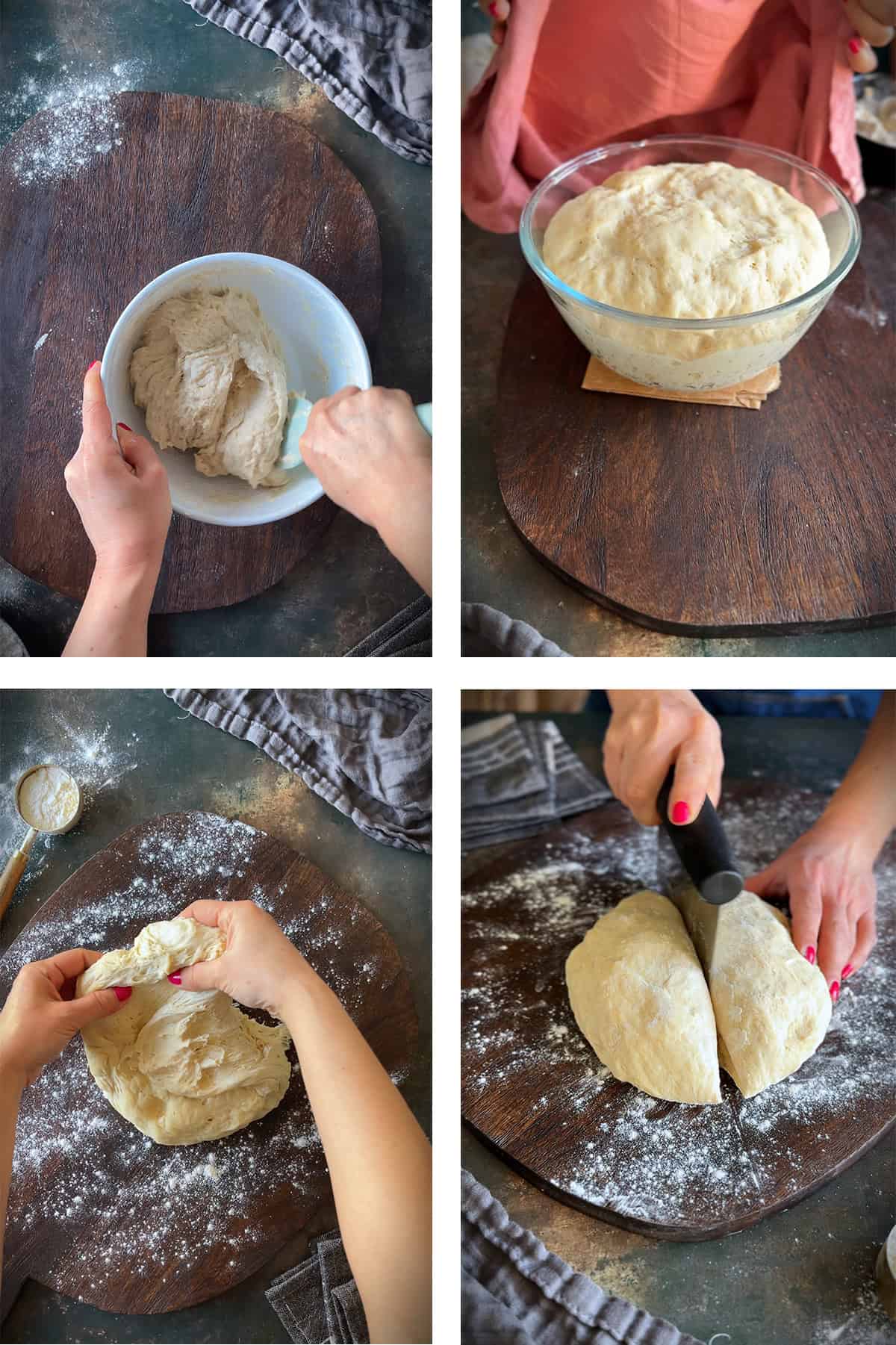 A step-by-step collage showing the process of making Turkish Pide Bread. Images include mixing the dough, letting it rise, folding it on a floured surface, and cutting it into two equal pieces.