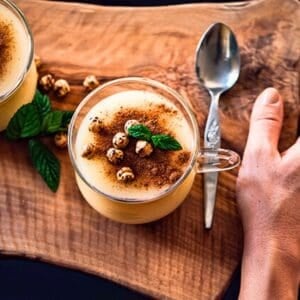 A glass cup of Turkish boza topped with cinnamon, roasted chickpeas, and mint leaves, served on a wooden board with a spoon.