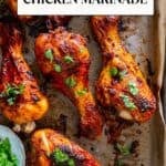 Pinterest graphic showing Turkish marinated chicken drumsticks baked on a tray.