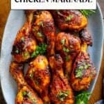 Pinterest graphic featuring Turkish chicken drumsticks on a serving plate, garnished with parsley.