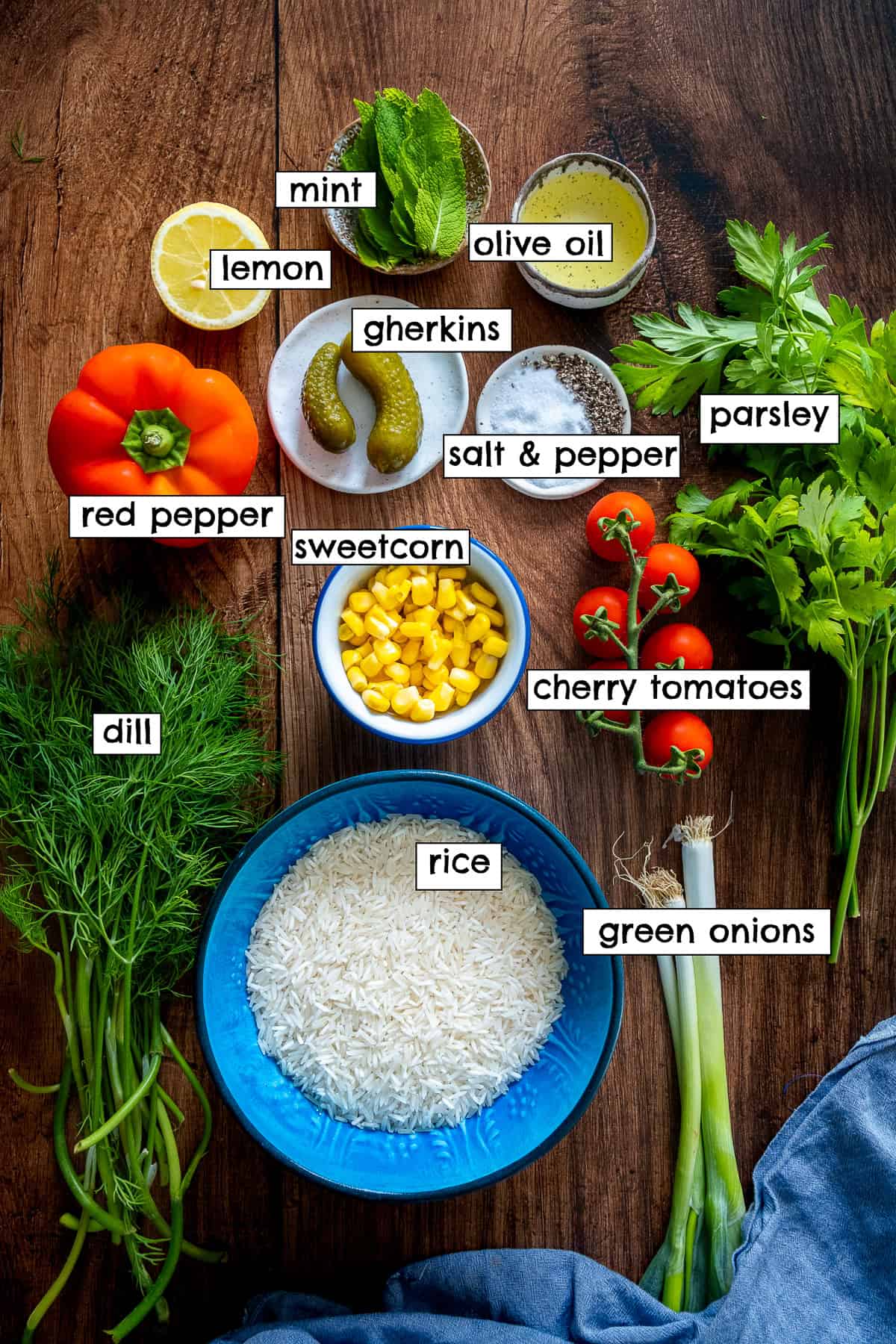 Labeled ingredients for Turkish rice salad, including rice, herbs, vegetables, lemon, and olive oil, arranged on a wooden surface.