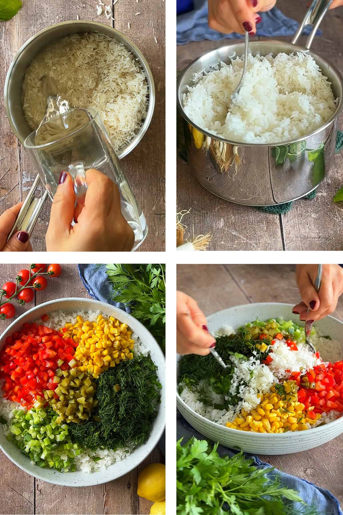 Step-by-step collage showing how to make Turkish rice salad, from cooking rice to mixing with chopped vegetables and herbs.