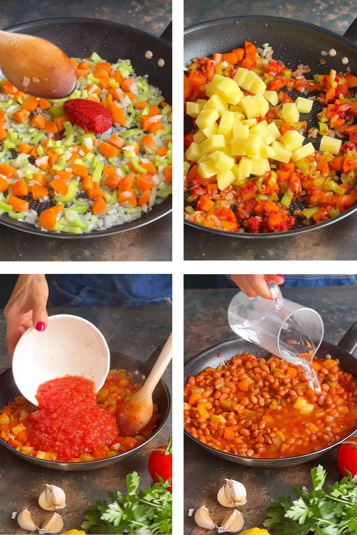Step-by-step cooking process of Turkish barbunya pilaki with vegetables, tomato, beans, and water in a pan.
