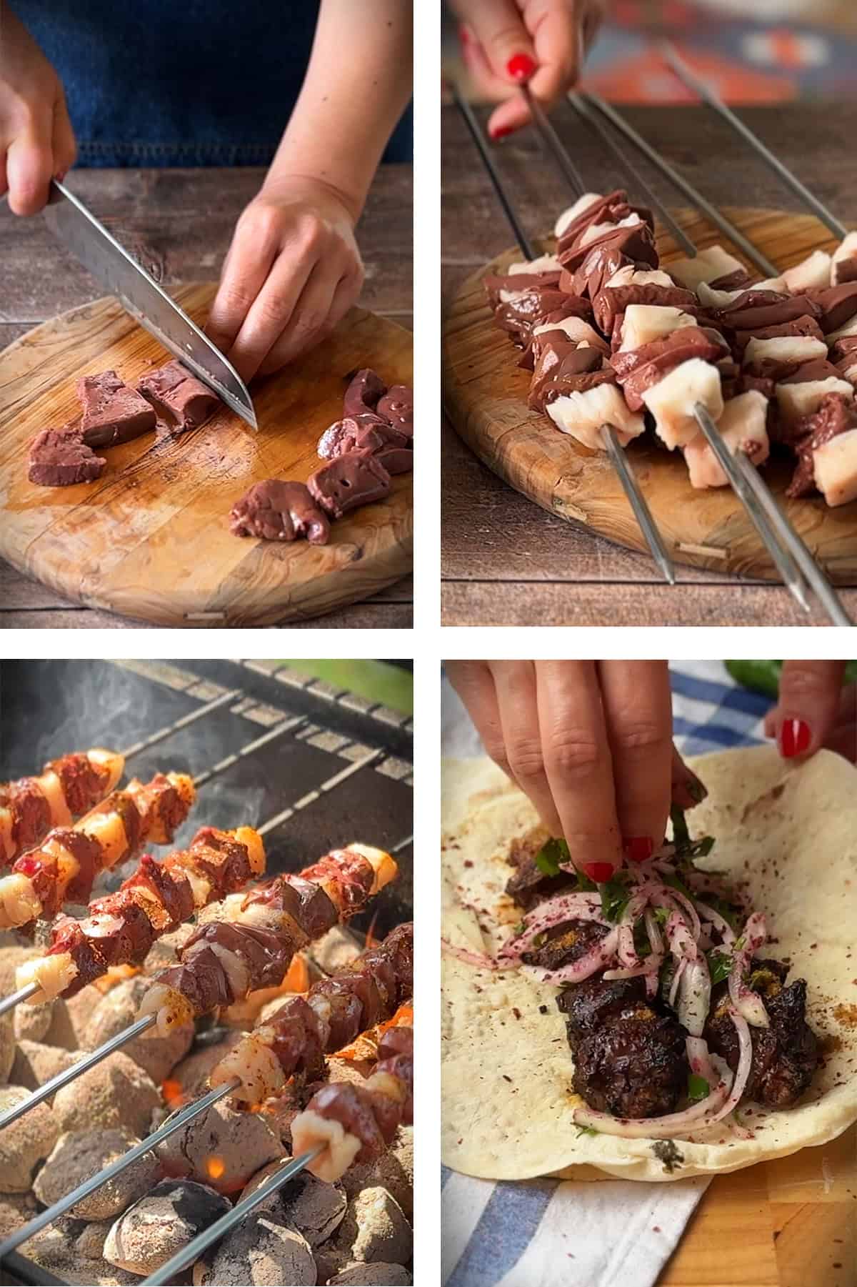 Step-by-step making of Turkish liver kebabs: cutting liver, threading liver and tail fat onto skewers, grilling over charcoal, and wrapping in lavash with sumac onion salad.