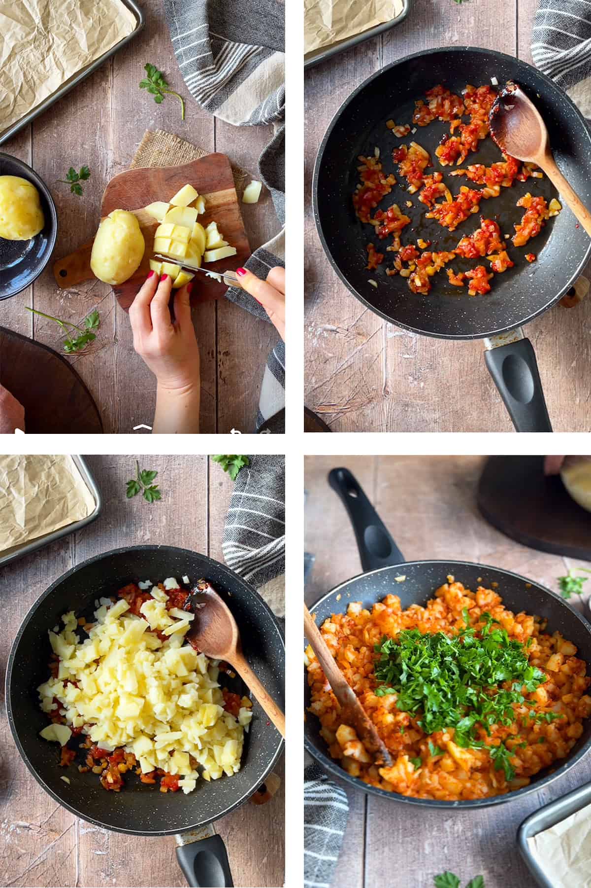 Step-by-step making of Patates Kavurma: chopping boiled potatoes, sautéing onion with tomato paste, adding potatoes, and finishing with parsley.