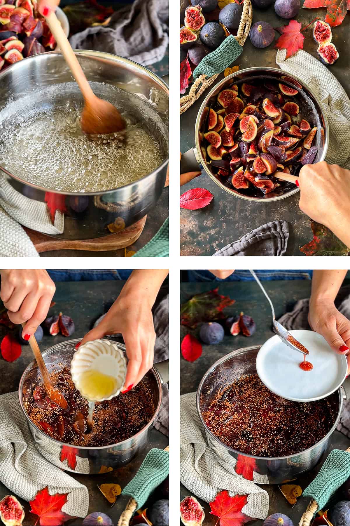 Step-by-step process of making homemade fig jam: dissolving sugar, adding figs, stirring in lemon juice, and testing consistency on a plate.