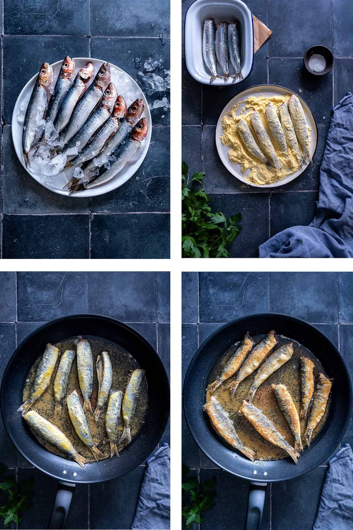 Step-by-step images showing fresh sardines on ice, sardines coated in cornmeal, and sardines frying in a pan until golden.