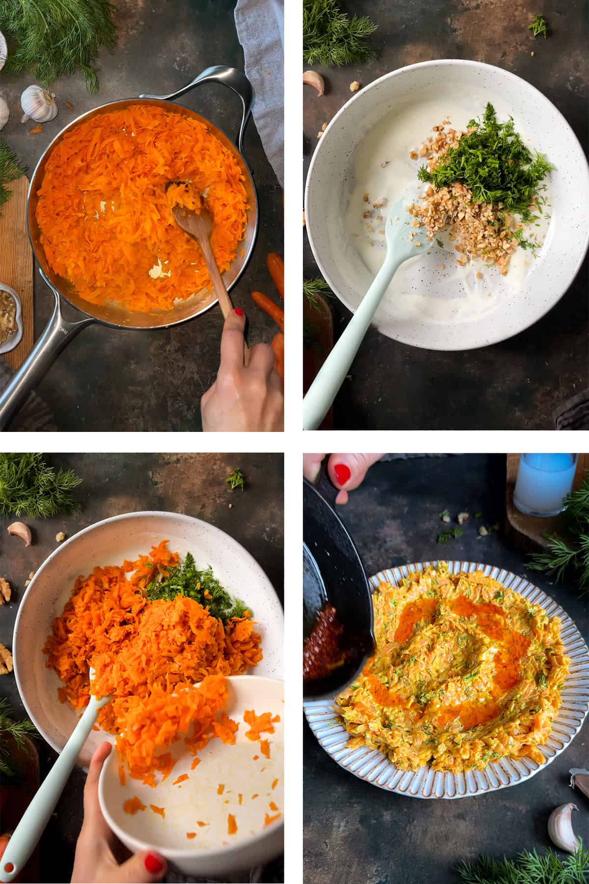 Step-by-step images showing how to make Havuç Tarator: sautéing grated carrots, mixing yogurt with walnuts and dill, combining everything, and drizzling spicy chili oil on top.