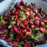 Turkish beetroot salad with walnuts, pomegranate arils, and fresh herbs, shown with a “Pancar Salatasi” title overlay.