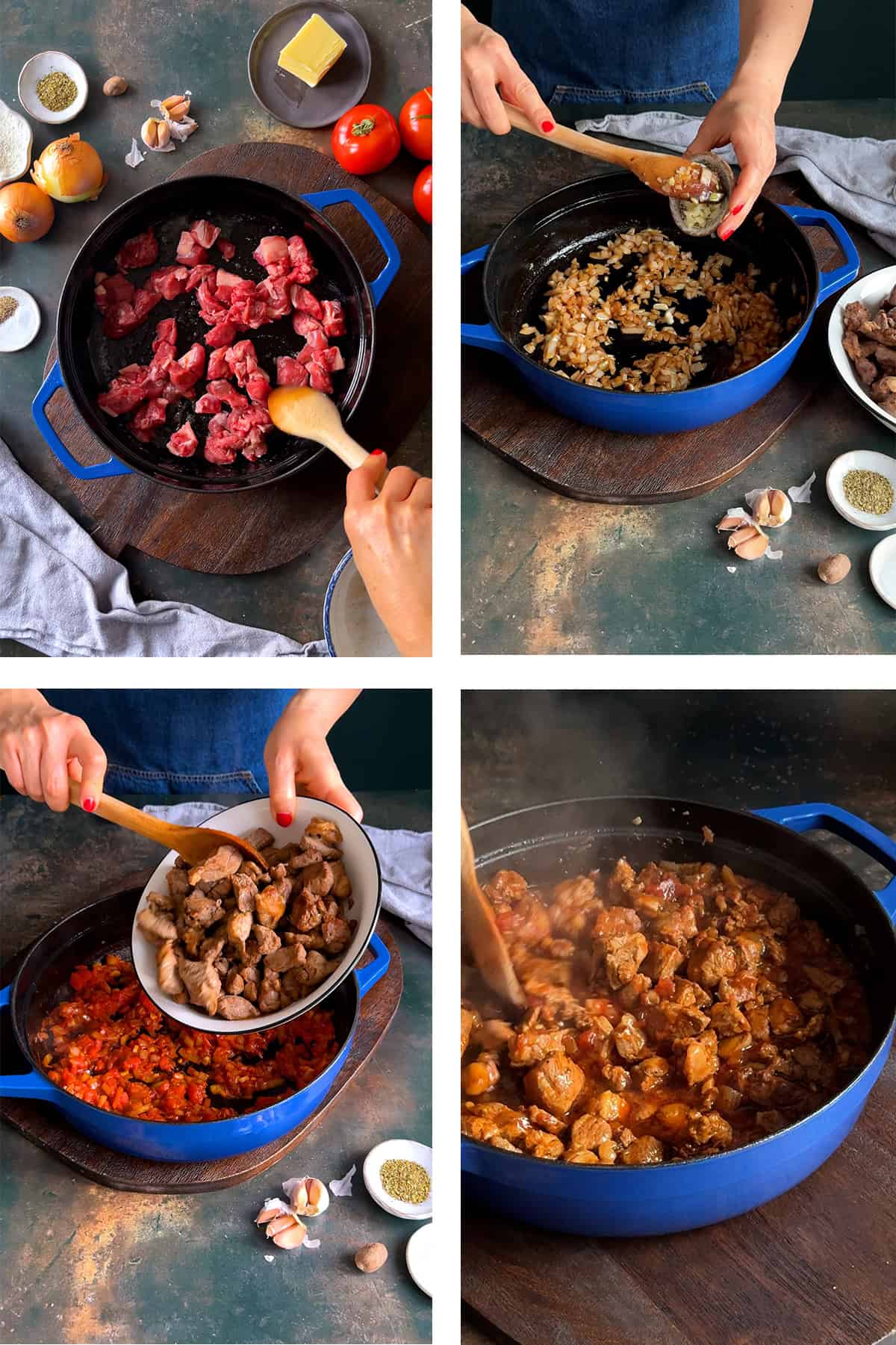 Step-by-step collage showing lamb being browned, onions and garlic cooked, lamb added back, and the stew simmering.