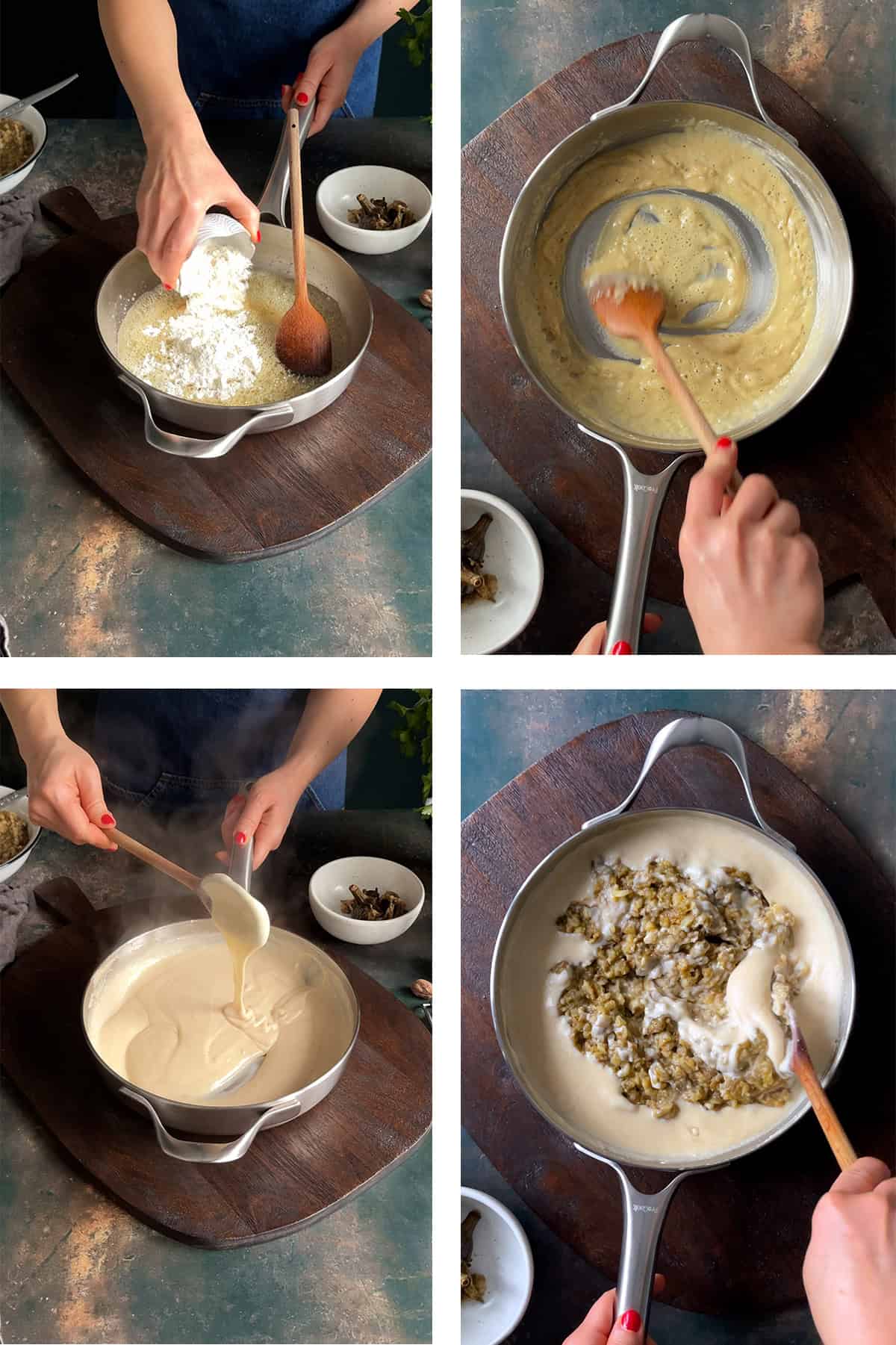 Step-by-step collage showing butter and flour cooked, béchamel sauce thickening, and roasted eggplant mixed into the sauce.