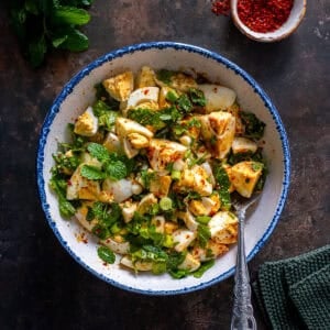 Overhead view of Turkish egg salad with boiled eggs, fresh herbs, and spices in a white bowl on a dark background.