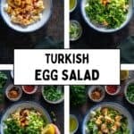 Step-by-step overhead images showing how to make Turkish egg salad, from adding spices and herbs to mixing with lemon and olive oil.