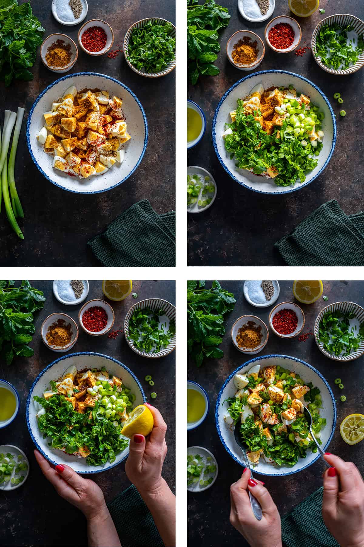 Step-by-step overhead images showing how to make Turkish egg salad, from adding spices and herbs to mixing with lemon and olive oil.