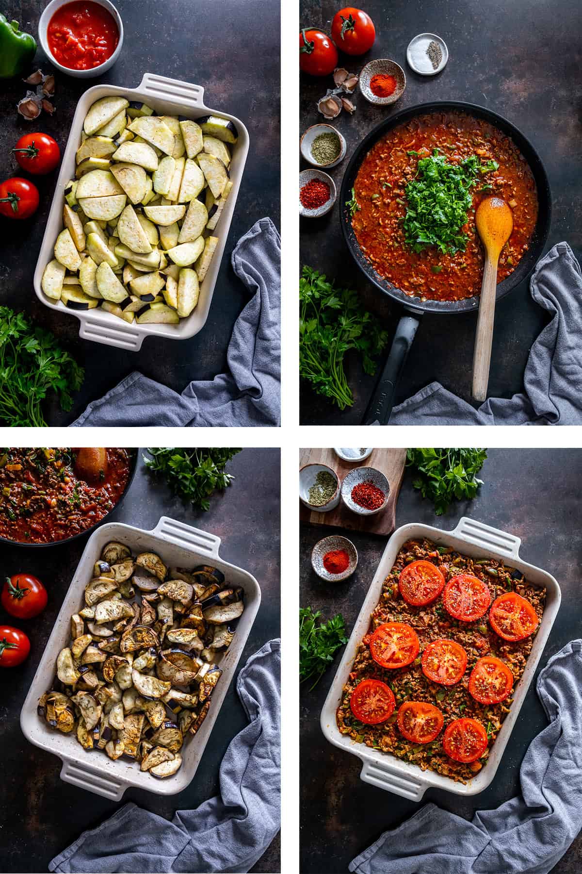 Step-by-step collage of Turkish moussaka showing sliced eggplants, cooked ground beef sauce, roasted eggplants, and assembled dish topped with tomato slices.