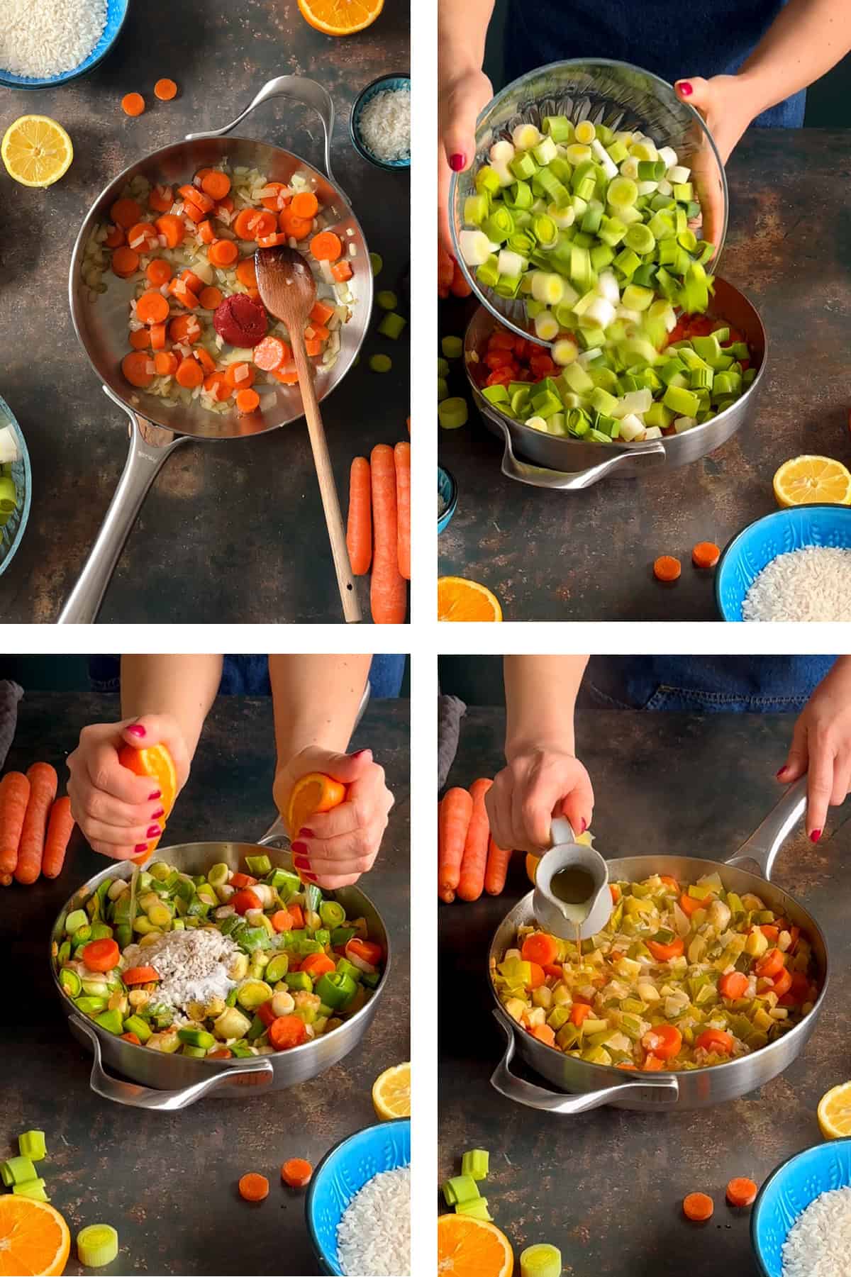 Step-by-step process of making Turkish Leeks in Olive Oil, sautéing vegetables, adding leeks, rice, citrus juice, and olive oil.