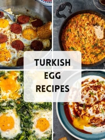 A collage of four Turkish egg recipes including sucuklu yumurta, menemen, spinach and eggs, and çılbır.