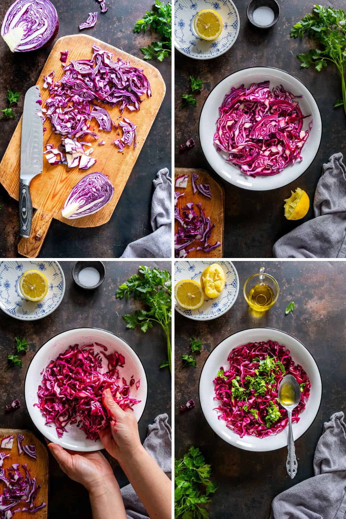 Step-by-step images of making Turkish red cabbage salad, from slicing to mixing with lemon, salt, and parsley.