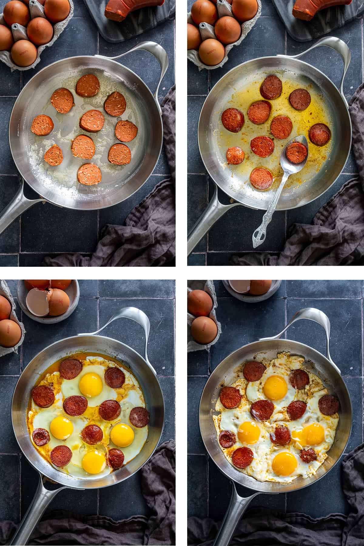 Step-by-step collage showing how to make Turkish sucuk and eggs by frying sliced sucuk in butter, adding eggs, and cooking until the whites are set.